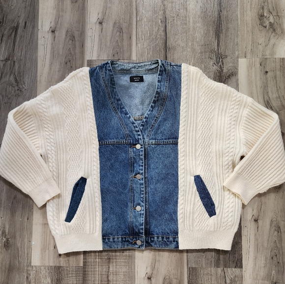 Vici Sweaters - Vici Denim and Cream Cardigan Sweater